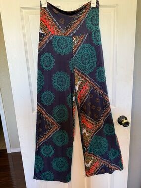 Bobbie Brooks Navy Wide-Leg Pants with Teal and Orange Paisley